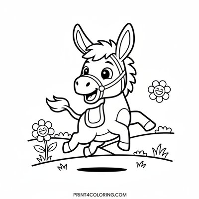 Happy Donkey's Meadow Romp - free printable coloring page
