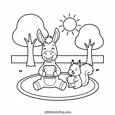 Donkey's Delightful Picnic with Squirrel Friend - free printable coloring page