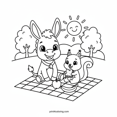 Donkey's Sunny Picnic with a Squirrel Friend - free printable coloring page