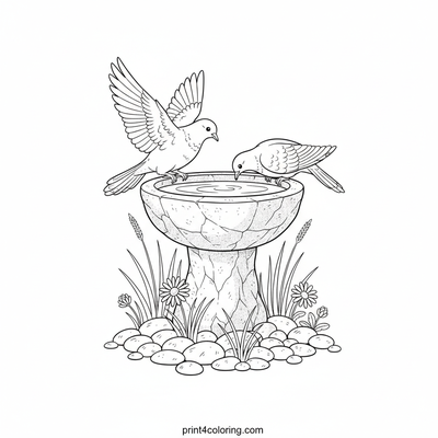 Doves' Serene Sip at the Bird Bath - free printable coloring page