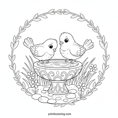 Peaceful Doves at the Garden Bird Bath - free printable coloring page