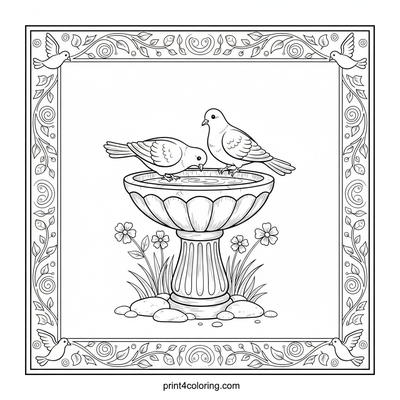 Peaceful Doves at the Garden Bird Bath - free printable coloring page
