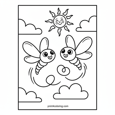 Happy Dragonfly Sky Acrobats - free printable coloring page