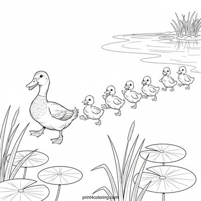 Waddle Wonders: Duckling Parade to the Pond - free printable coloring page