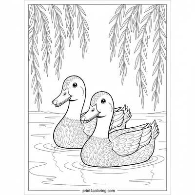 Graceful Willow Pond Ducks - free printable coloring page