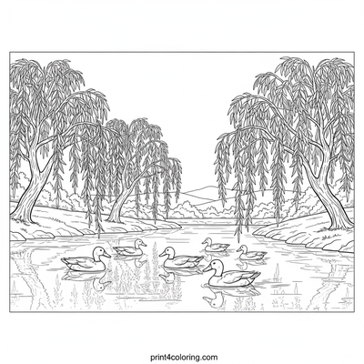 Willow Wonders: Ducks Under the Drooping Branches - free printable coloring page