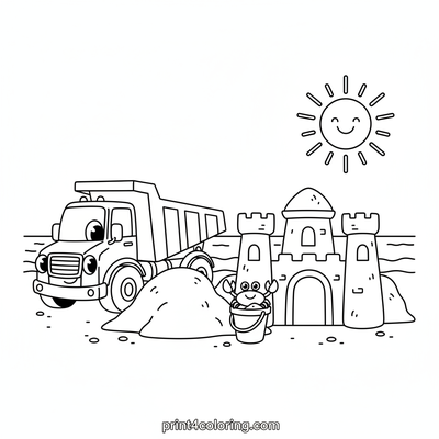 Big Dump Truck's Beach Build - free printable coloring page