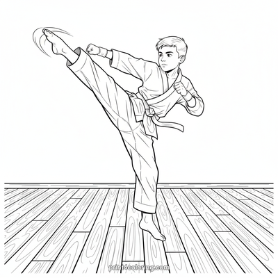 Dynamic Taekwondo Master Kick - free printable coloring page