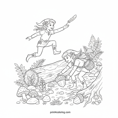 Elves' Detailed Forest Forage - free printable coloring page