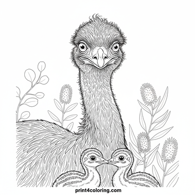Emu Family Bushland Journey - free printable coloring page