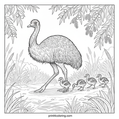 Emu Family Bushland Journey - free printable coloring page