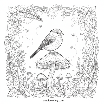 Enchanted Forest Chickadee's Magical Mushroom Perch - free printable coloring page