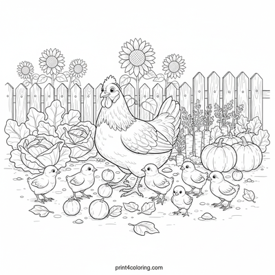 Garden Gathering: A Hen and Her Busy Chicks - free printable coloring page