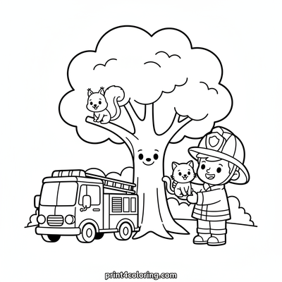 Park Rescue with a Friendly Fire Truck - free printable coloring page