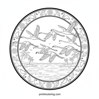 Flamingo Sunset Soar: A Flock's Graceful Flight - free printable coloring page
