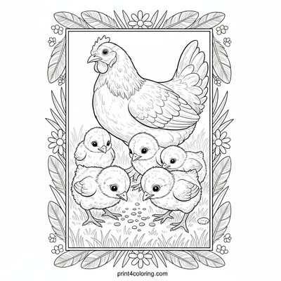 Fluffy Explorers and Mama Hen - free printable coloring page