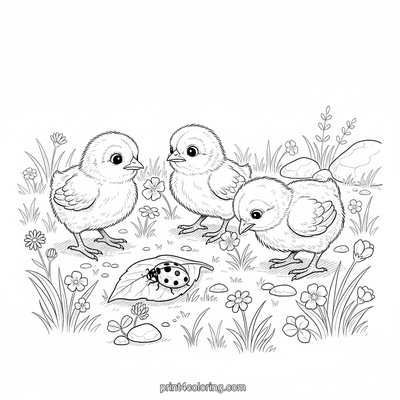 Sunlit Meadow Adventures: Fluffy Chicks & Ladybug Friends - free printable coloring page