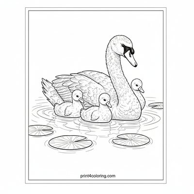 Majestic Mama Swan & Fluffy Cygnets' First Swim - free printable coloring page