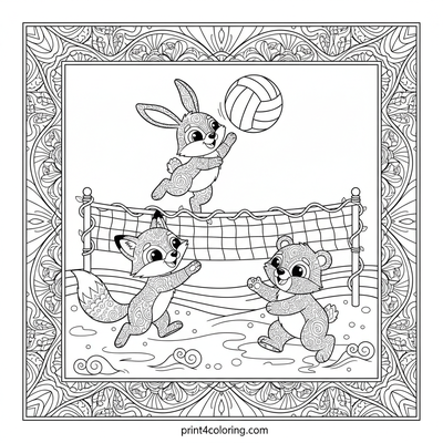 Zentangle Beach Bash: Fluffy Friends' Volleyball Fun - free printable coloring page