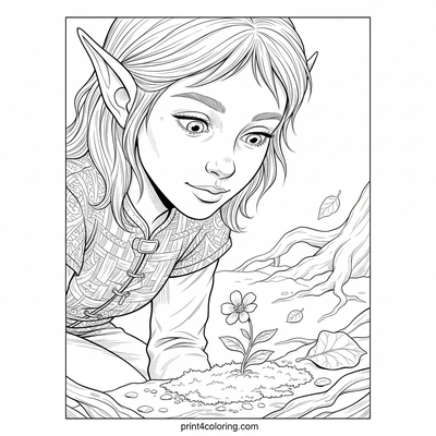 Whispers of the Forest: Elf and Miniature Bloom - free printable coloring page