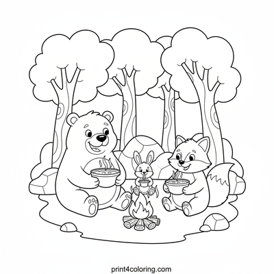 Forest Friends' Cozy Soup Camp - free printable coloring page