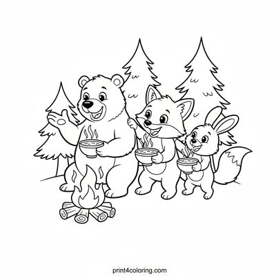 Woodland Friends' Campfire Soup Party - free printable coloring page