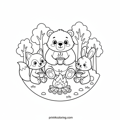 Forest Friends' Cozy Soup Camp - free printable coloring page