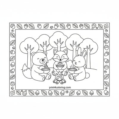 Forest Friends' Cozy Soup Camp Gathering - free printable coloring page
