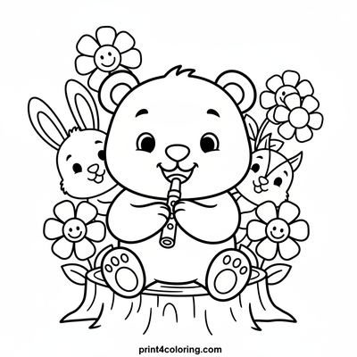 Forest Friends' Flute Serenade - free printable coloring page
