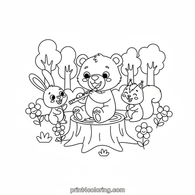 Happy Forest Friends' Flute Concert - free printable coloring page
