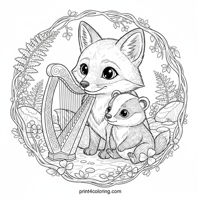 Forest Melodies: Fox, Badger, and the Celtic Harp - free printable coloring page