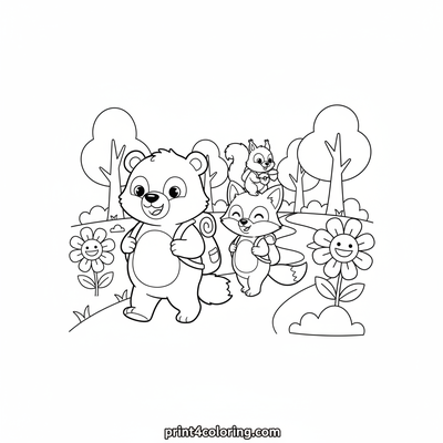 Forest Friends' Sunny Adventure Hike - free printable coloring page