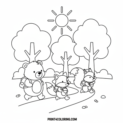 Forest Friends' Happy Hiking Adventure - free printable coloring page