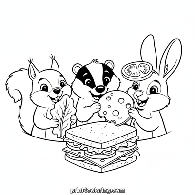 Forest Friends' Epic Sandwich Stack - free printable coloring page