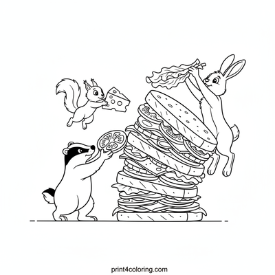 Forest Friends' Feast: The Wobbly Sandwich Stack - free printable coloring page