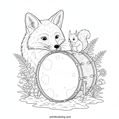 Curious Forest Friends Discover a Drum - free printable coloring page