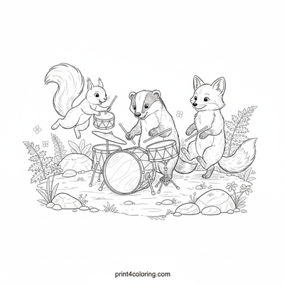Woodland Rhythms: Forest Friends Drum Circle - free printable coloring page