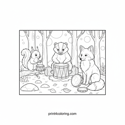 Woodland Rhythms: Forest Friends Drum Circle - free printable coloring page