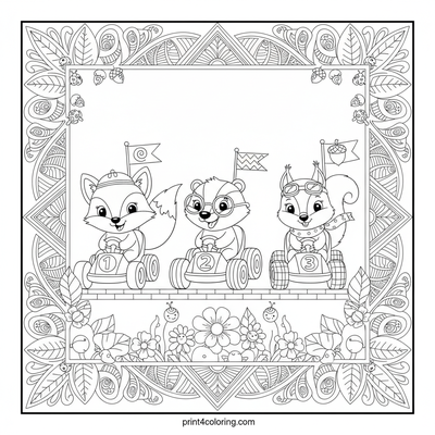 Whimsical Forest Friends Go-Kart Rally - free printable coloring page