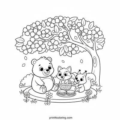 Forest Friends Spring Picnic Under Cherry Blossoms - free printable coloring page