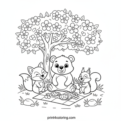 Blossom Picnic with Forest Friends - free printable coloring page