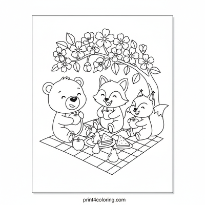 Blossom Picnic with Forest Friends - free printable coloring page