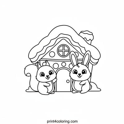 Forest Friends at the Gingerbread House - free printable coloring page