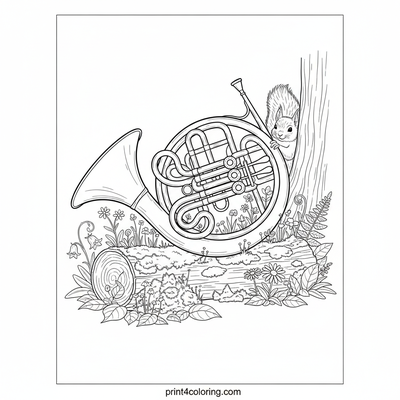 Forest Melody: French Horn's Woodland Serenade - free printable coloring page