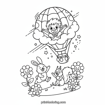 Fred's Happy Cloud Balloon Adventure - free printable coloring page