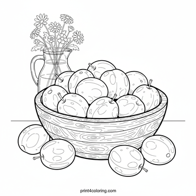 Rustic Plum Harvest Still Life - free printable coloring page