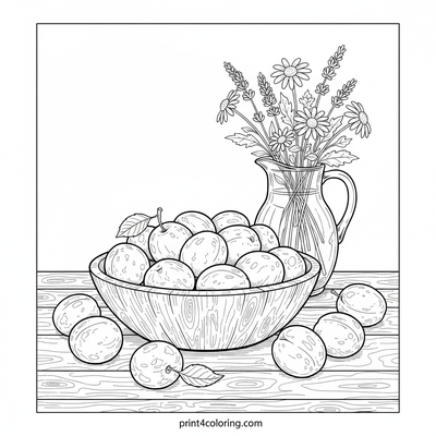 Harvest Bounty: Plum Still Life with Wildflowers