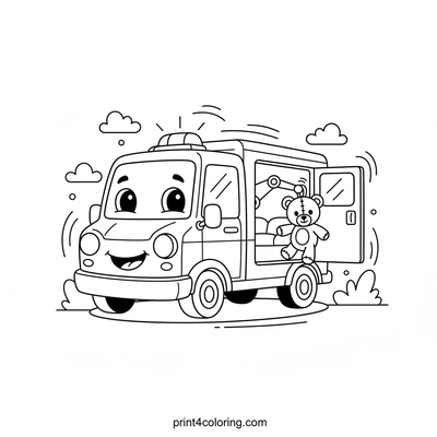 The Gentle Ambulance and Its Teddy Bear Passenger - free printable coloring page