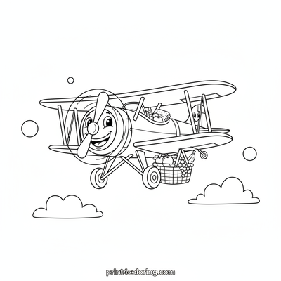 Happy Biplane's Picnic Flight - free printable coloring page