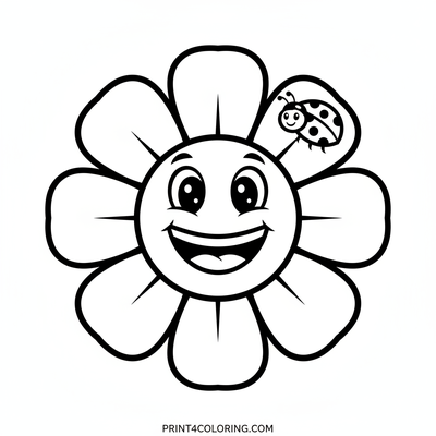 Smiling Blossom and Ladybug Friend - free printable coloring page